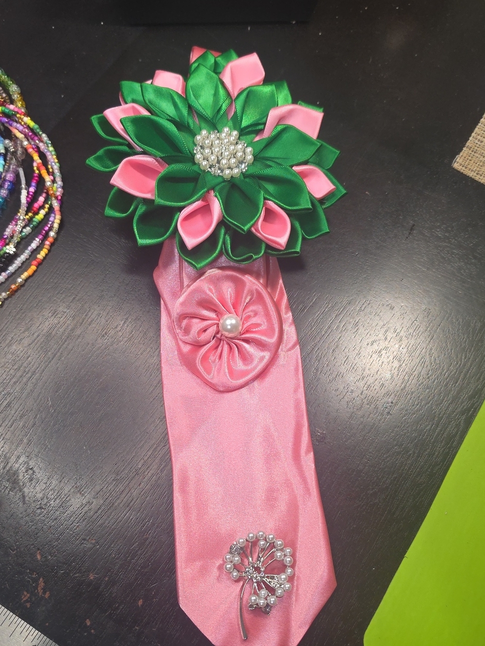 Handmade Pink and Green Satin Necktie